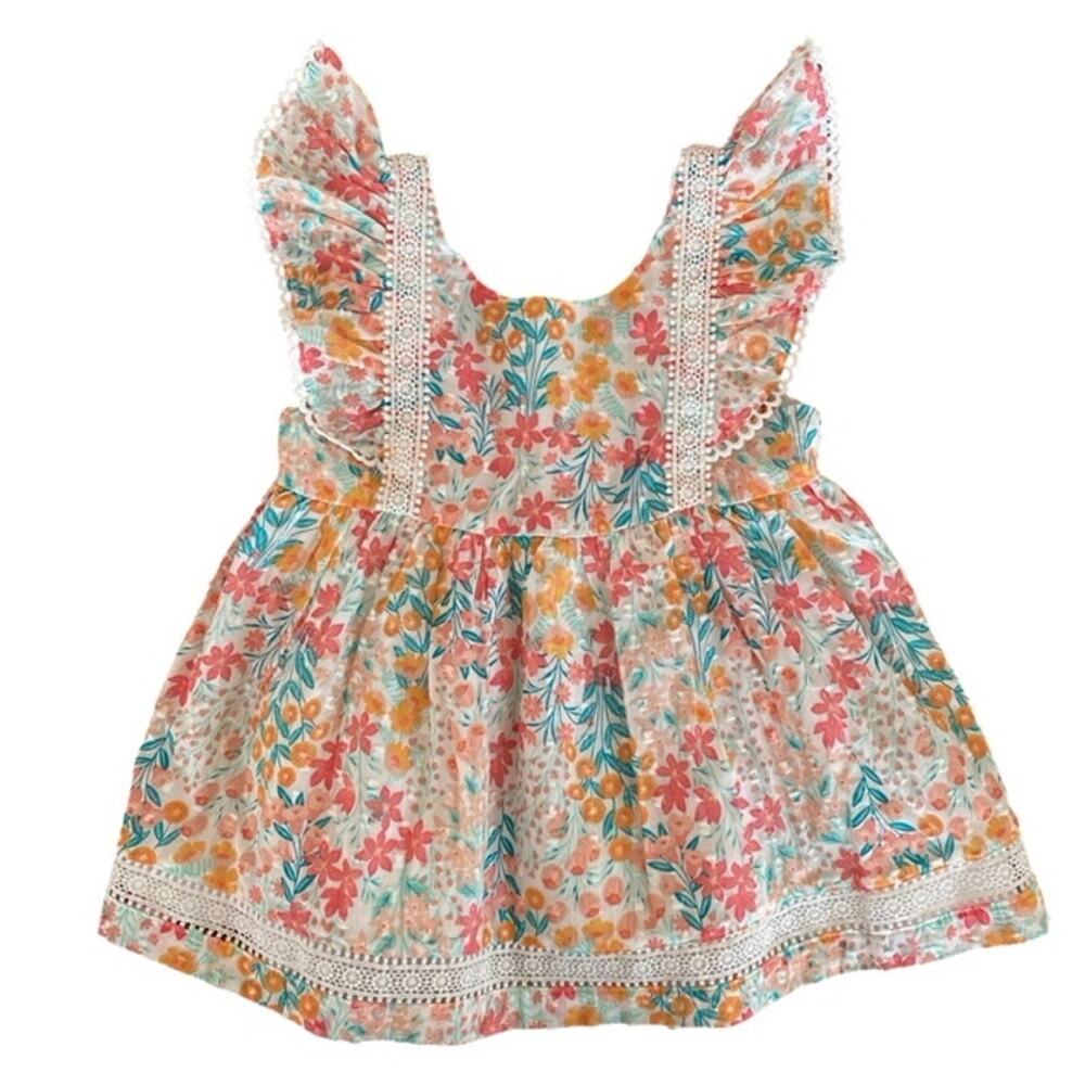Tommy Bahama Orange, Pink, Green and Cream Floral Ruffle Dress - 3T